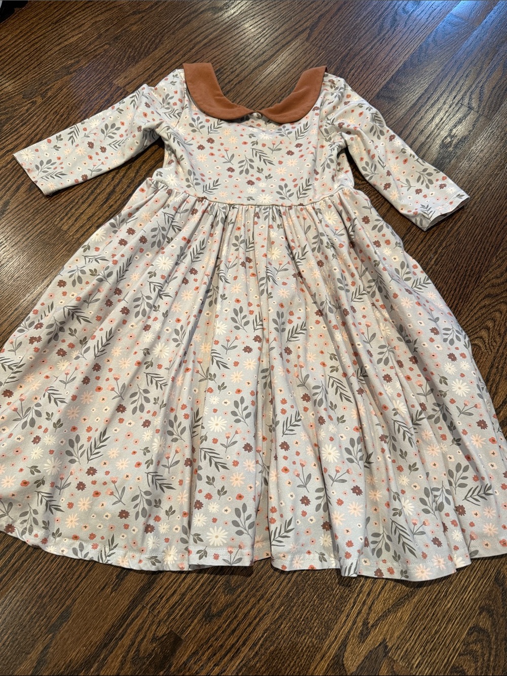 Girls Cream Floral Long-Sleeve Dress with Brown Peter Pan Collar